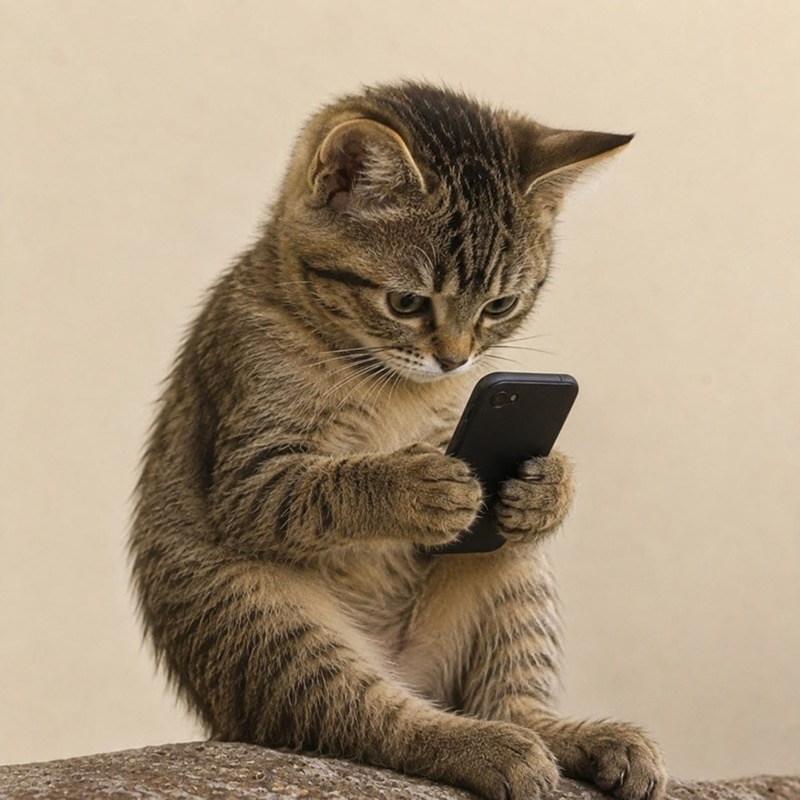 a tabby kitten sitting upright, holding a phone in both paws and staring at the screen